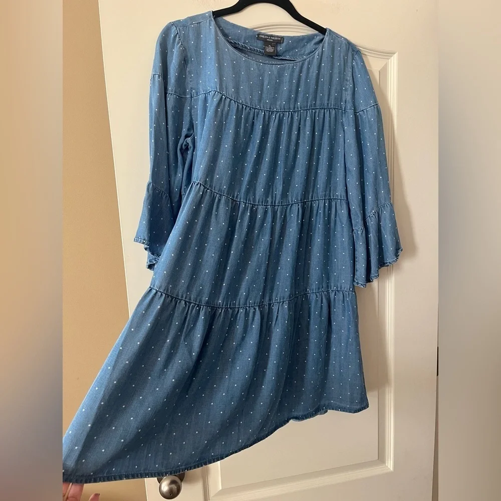 Chelsea & Theodore Blue Polka Dot Women's Mini Dress Size Petite Large - Picture 4 of 14